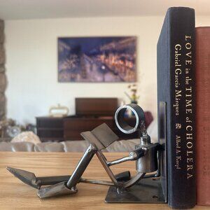 Handmade Industrial Metal Sculpture Art Bookend - "The Reader" - 📚📚📚